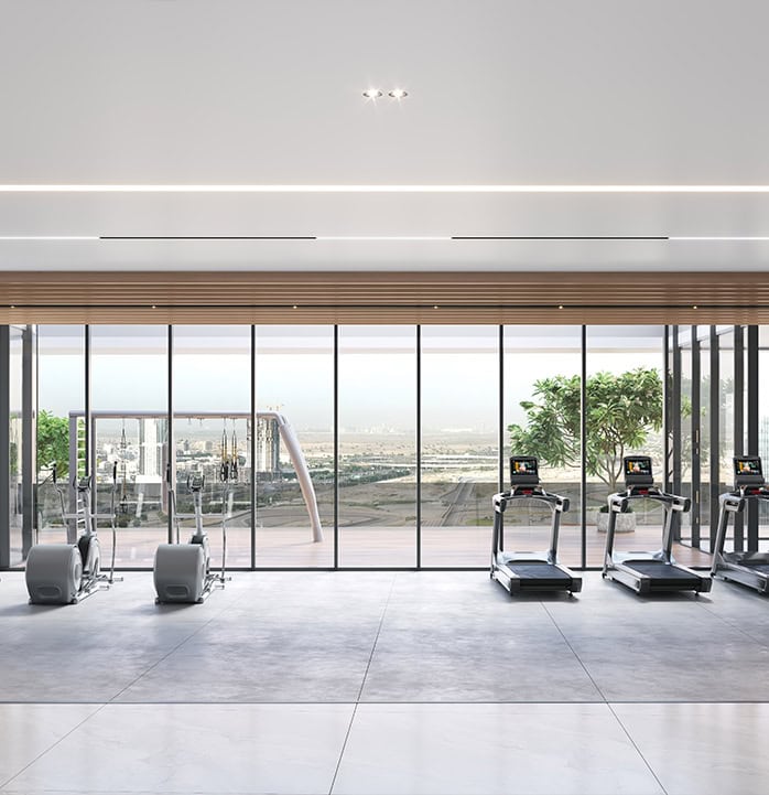 Modern gym with treadmill and elliptical exercise machines in lavish Address Point Properties, Dubai.