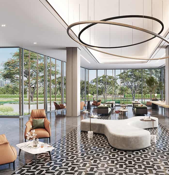 Spacious modern lounge with large windows, stylish seating, and contemporary decor at Address Point Properties.