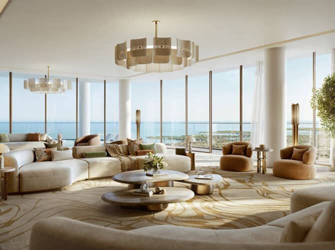 Luxurious living room with panoramic ocean views at Address Point Properties, Dubai.