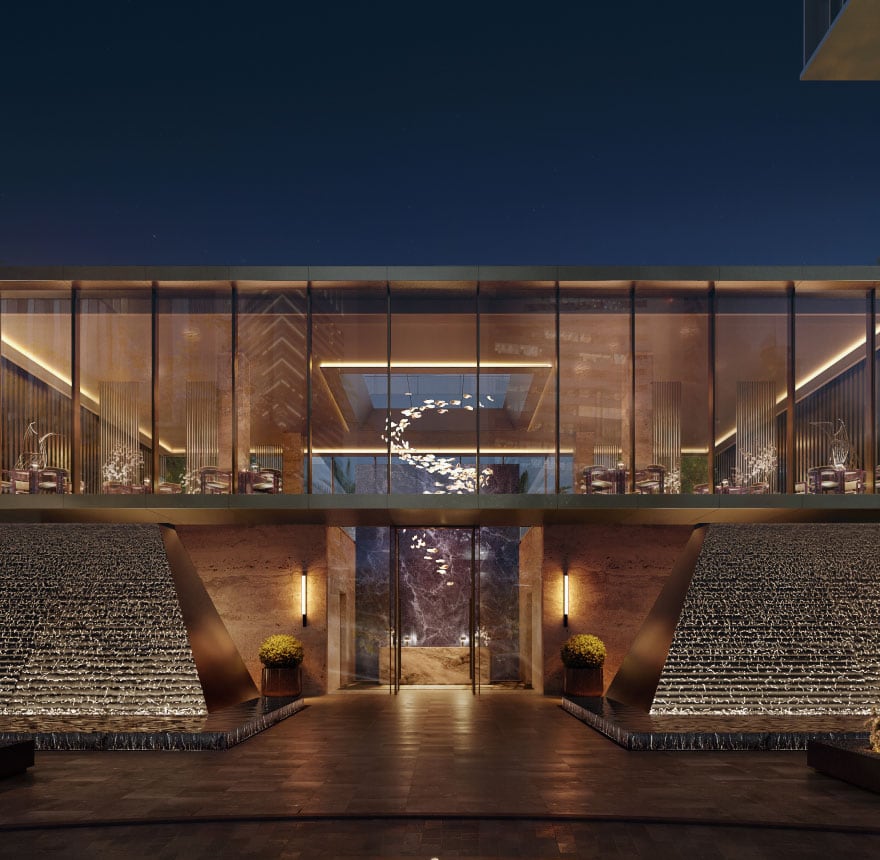 Luxurious Address Point Properties modern building exterior at night with water features and lighting.