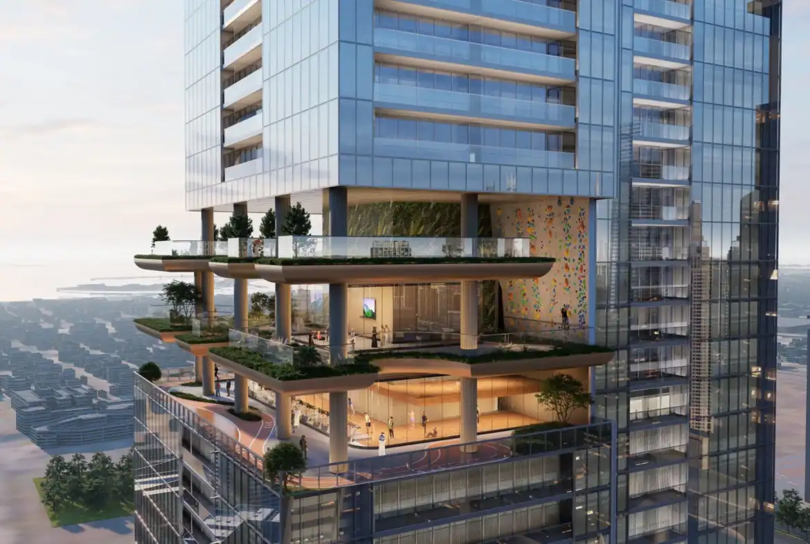 Luxury high-rise building with rooftop gardens and modern architecture in Dubai.
