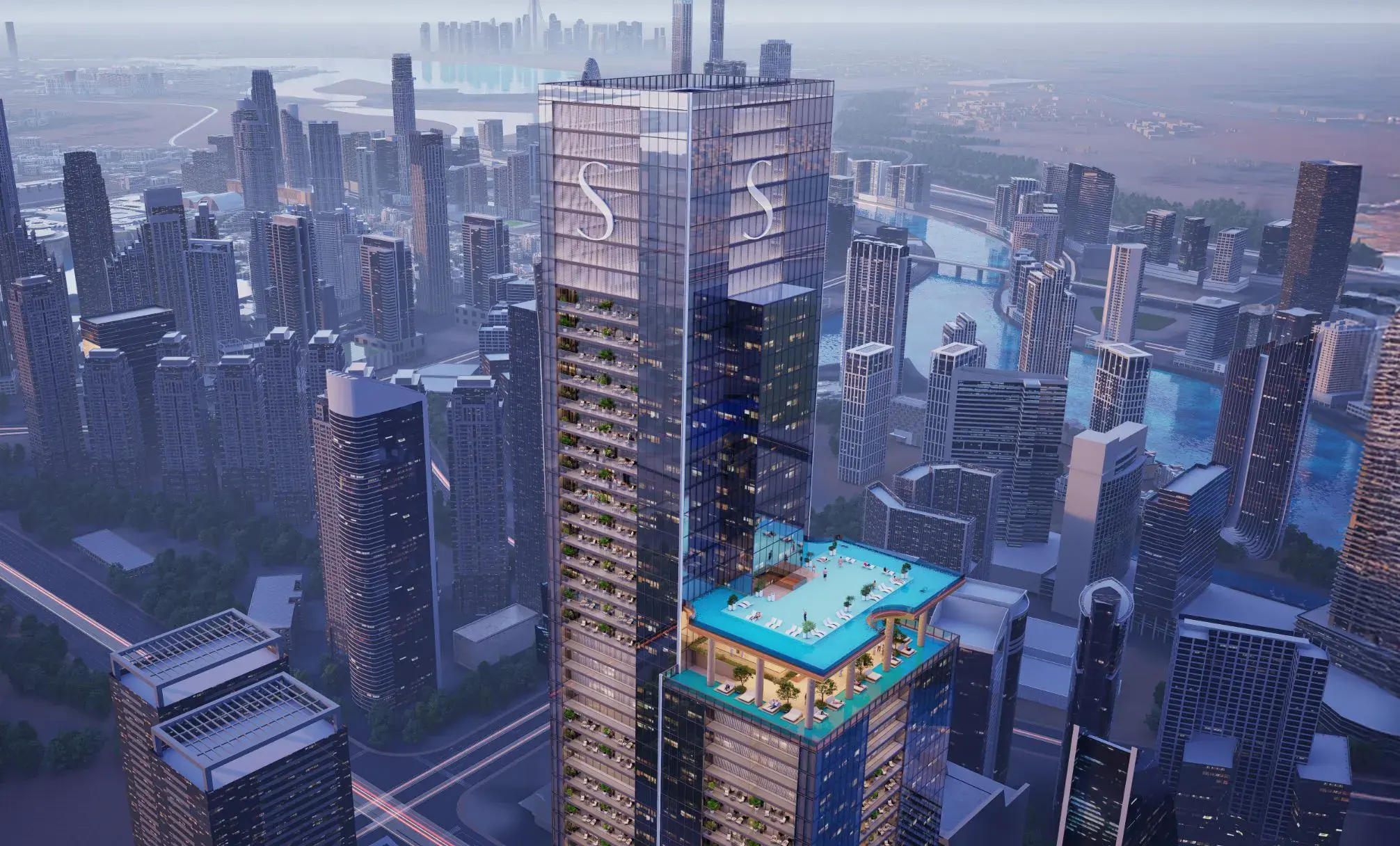 Luxurious modern skyscraper with rooftop pool in Dubai downtown.