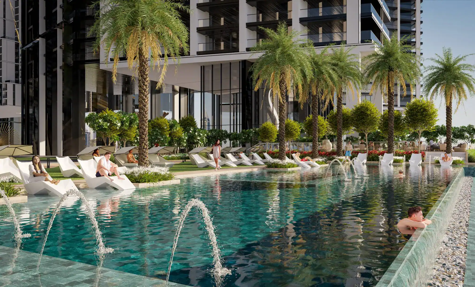 Luxurious poolside at Address Point Properties with modern high-rise buildings and lush landscaping.