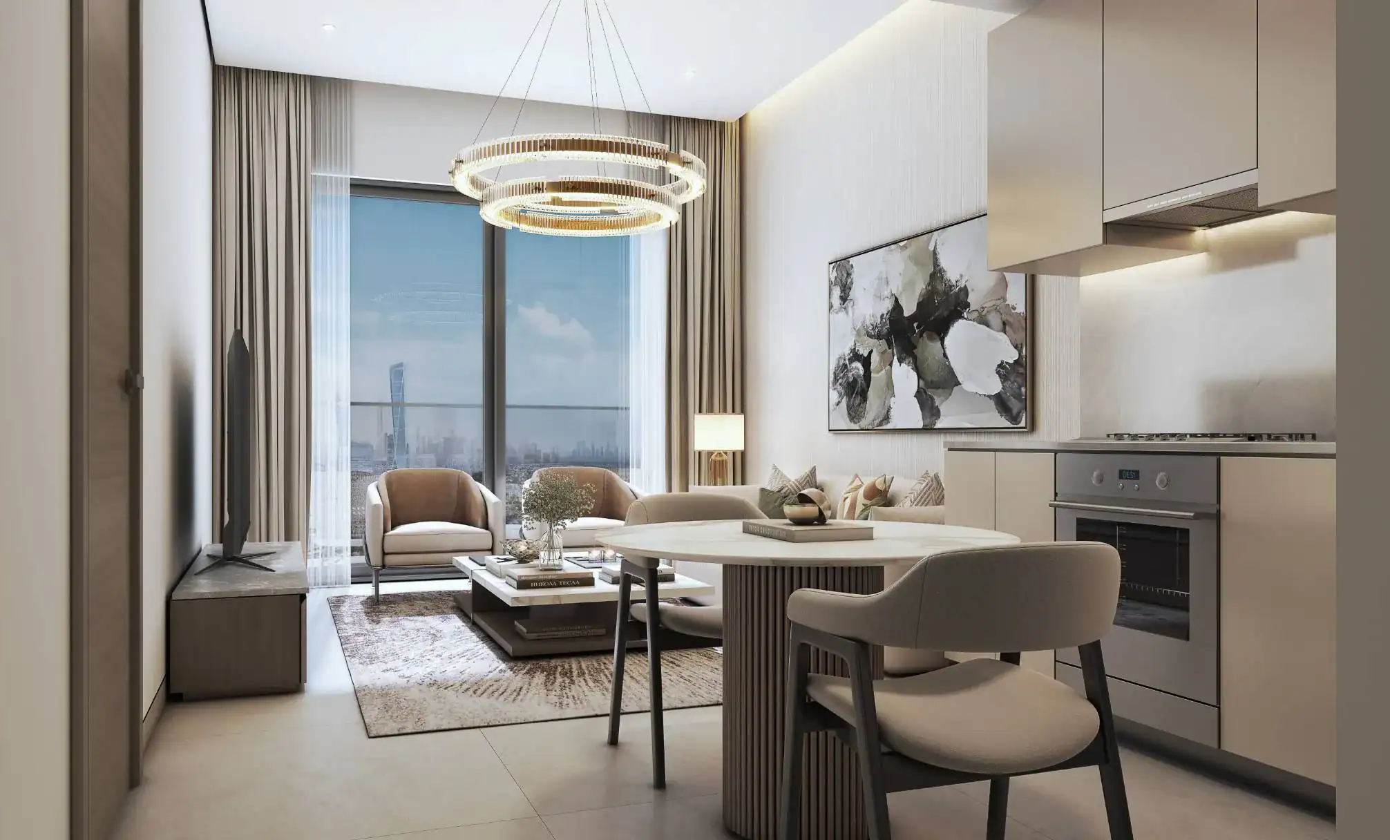 Modern high-rise apartment living room with city skyline view, neutral decor, and contemporary furnishings.