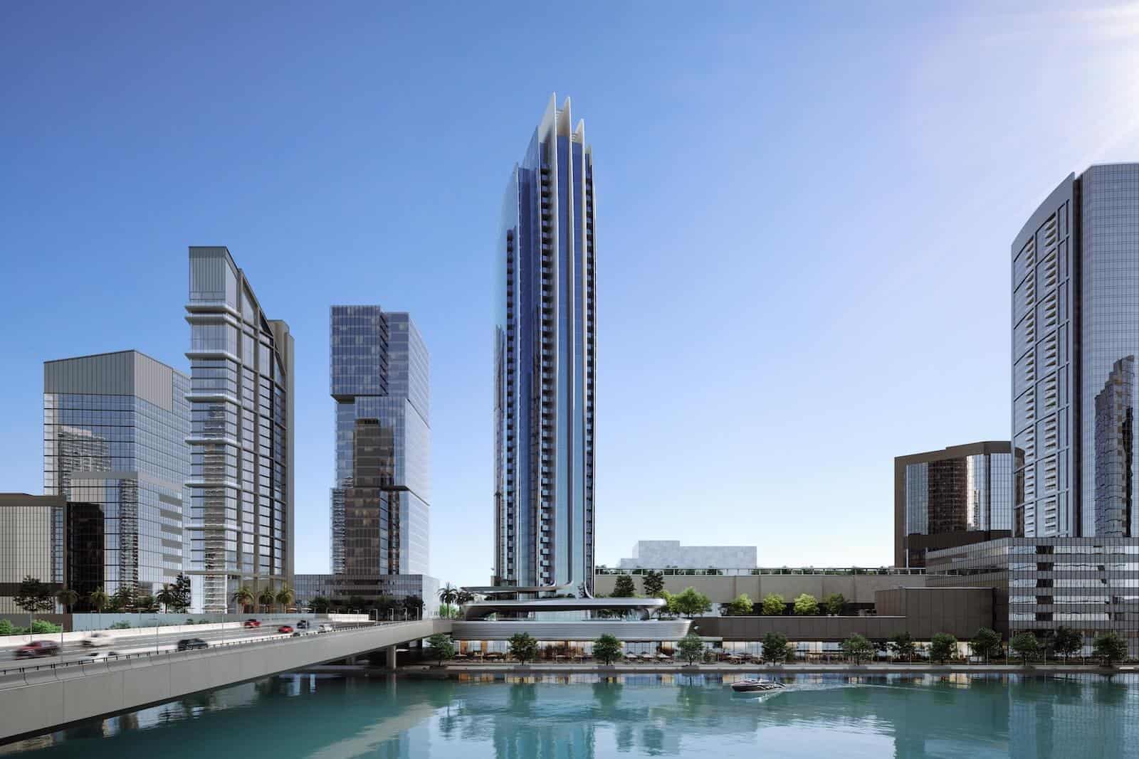 Contemporary Dubai skyscrapers with Address Point Properties waterfront view and modern architecture.