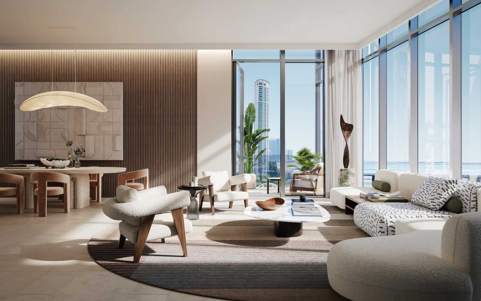Luxurious modern living room with floor-to-ceiling windows, stylish furniture, and city views in Address Point Properties.