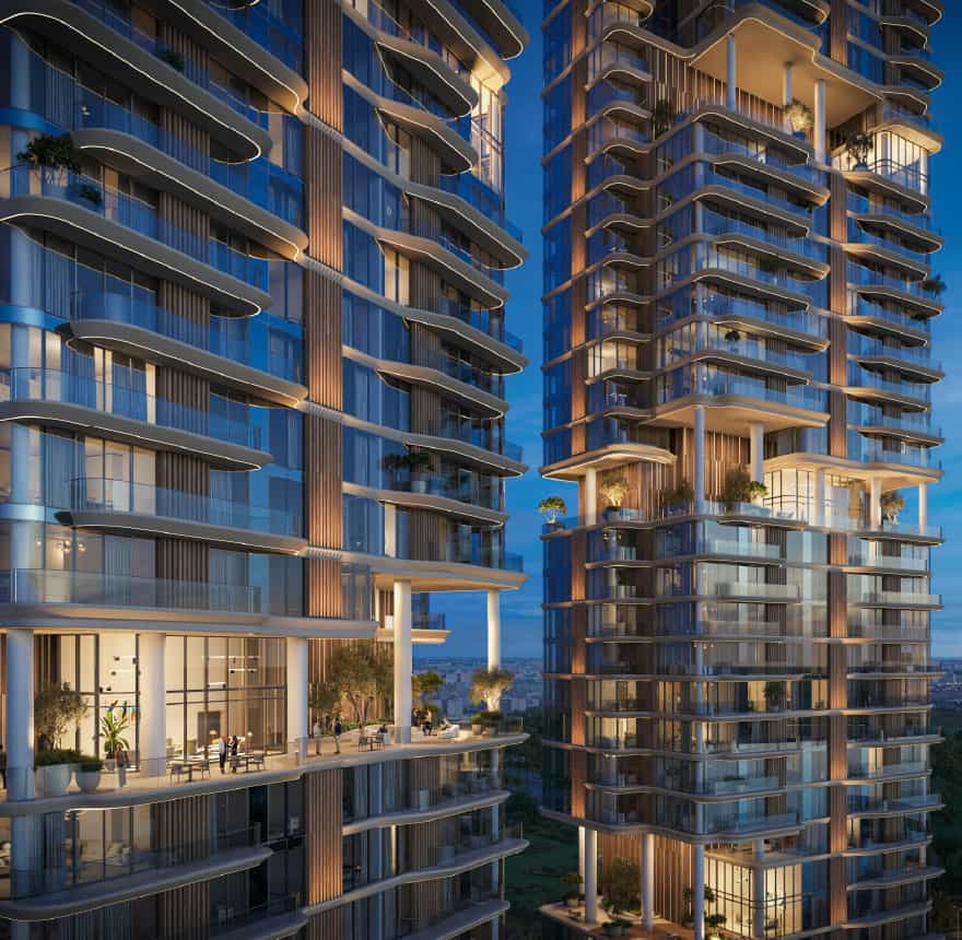 Luxurious modern high-rise residential towers with spacious balconies in Address Point Properties, Dubai.