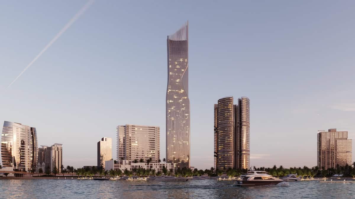 Luxurious modern skyscraper in Dubai skyline with waterfront views.