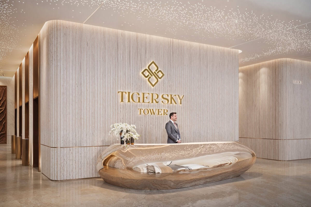 Luxurious hotel lobby with modern design at Tiger Sky Tower Address Point Properties.