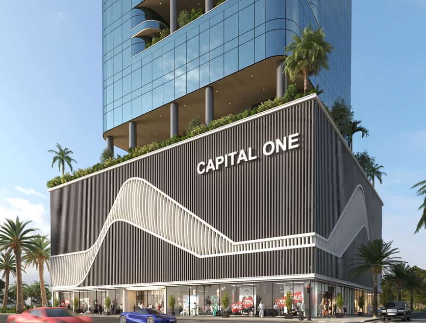 Modern high-rise building with retail shops at Address Point Properties in Dubai.
