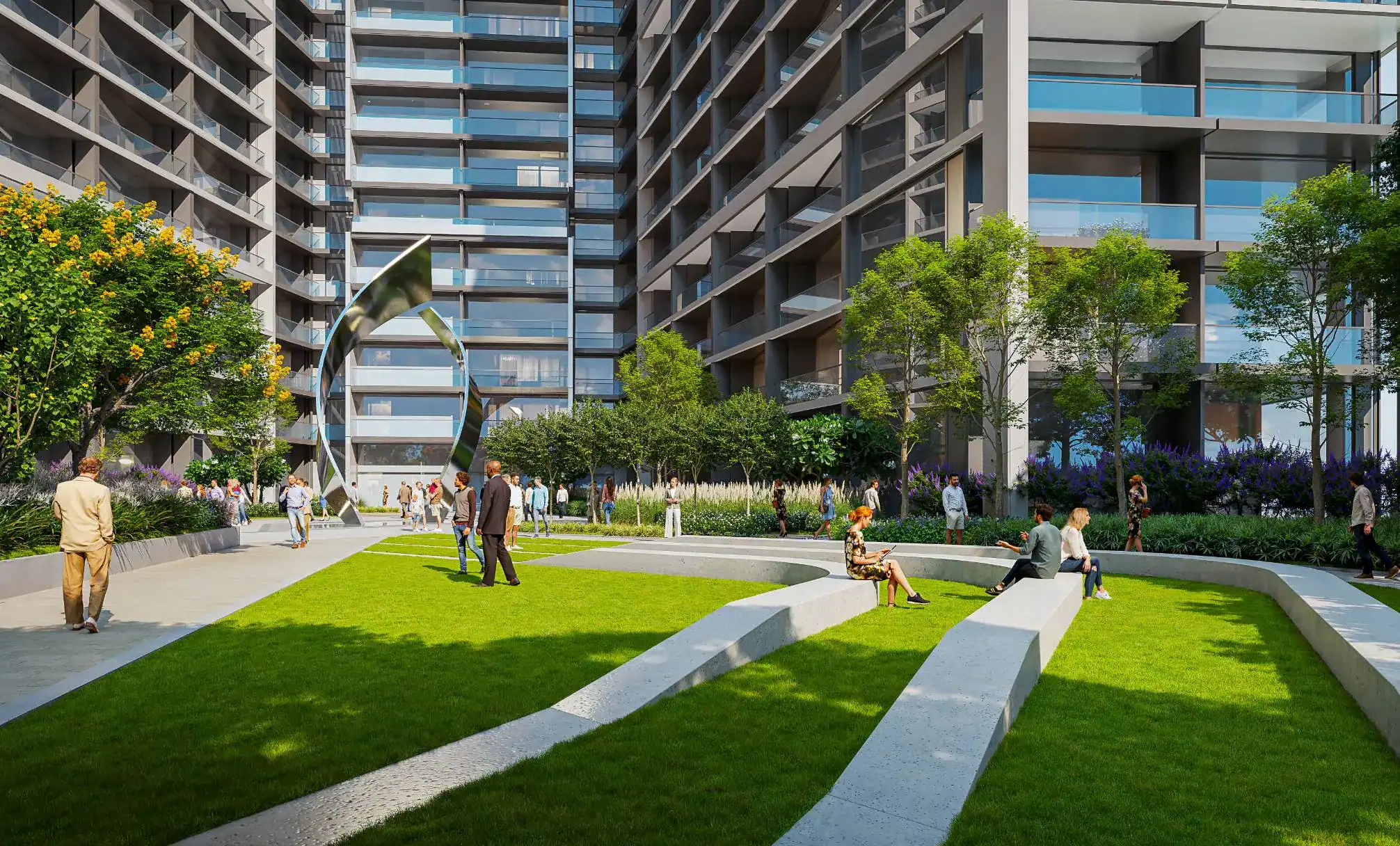 Luxurious modern residential building with landscaped garden and outdoor seating.