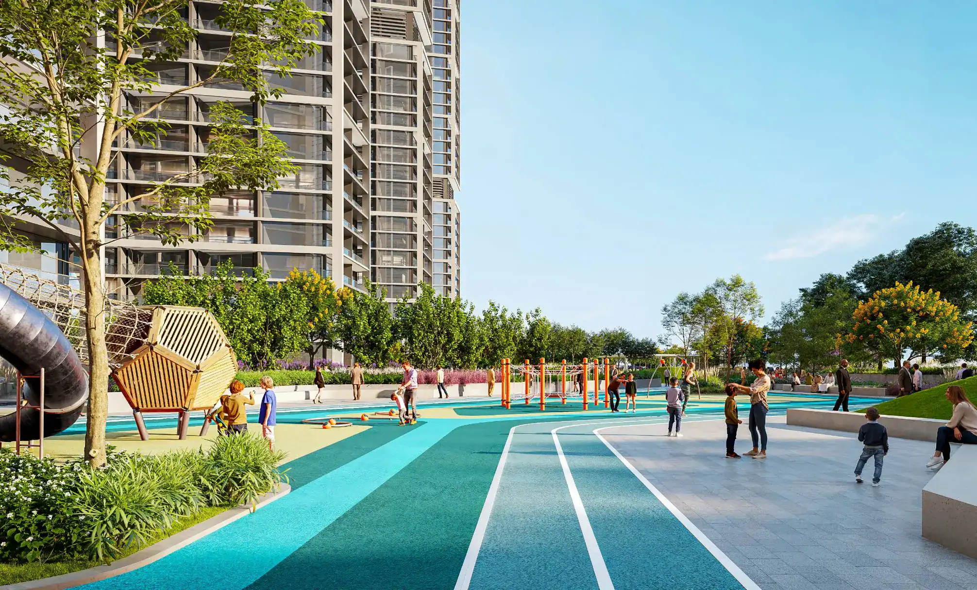 Modern luxury apartment complex with vibrant outdoor recreational area in Address Point Properties.