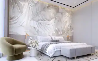Elegant bedroom with modern decor and marble accent wall, Address Point Properties Dubai.