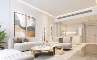 Luxurious modern living room with elegant white furniture and artistic wall decor.