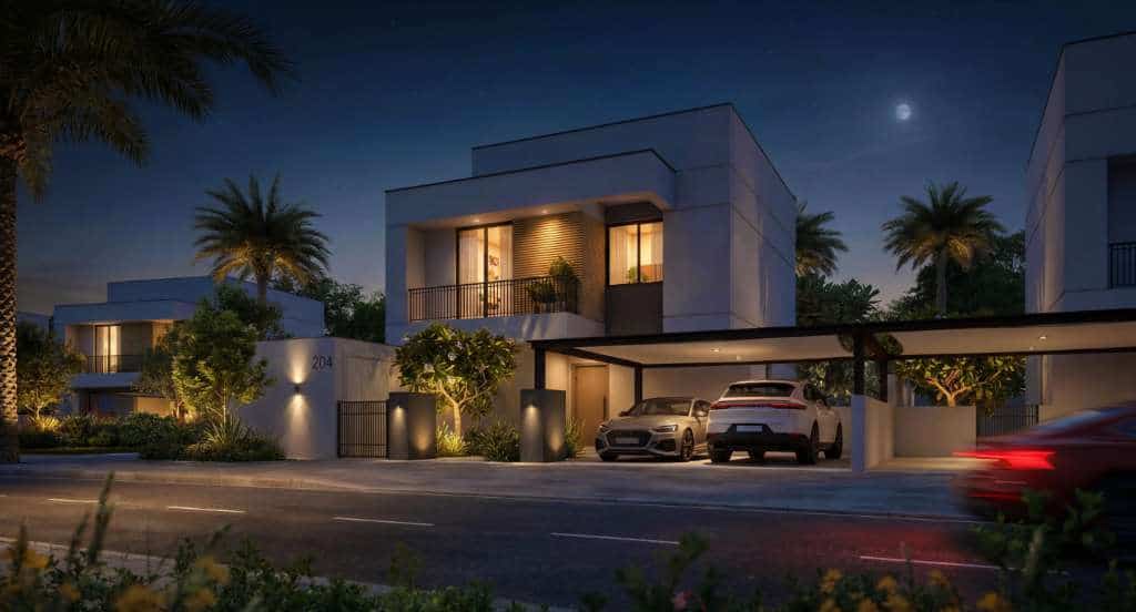 Al Ghadeer Abu Dhabi, Al Ghadeer Gardens villa by Aldar at dusk