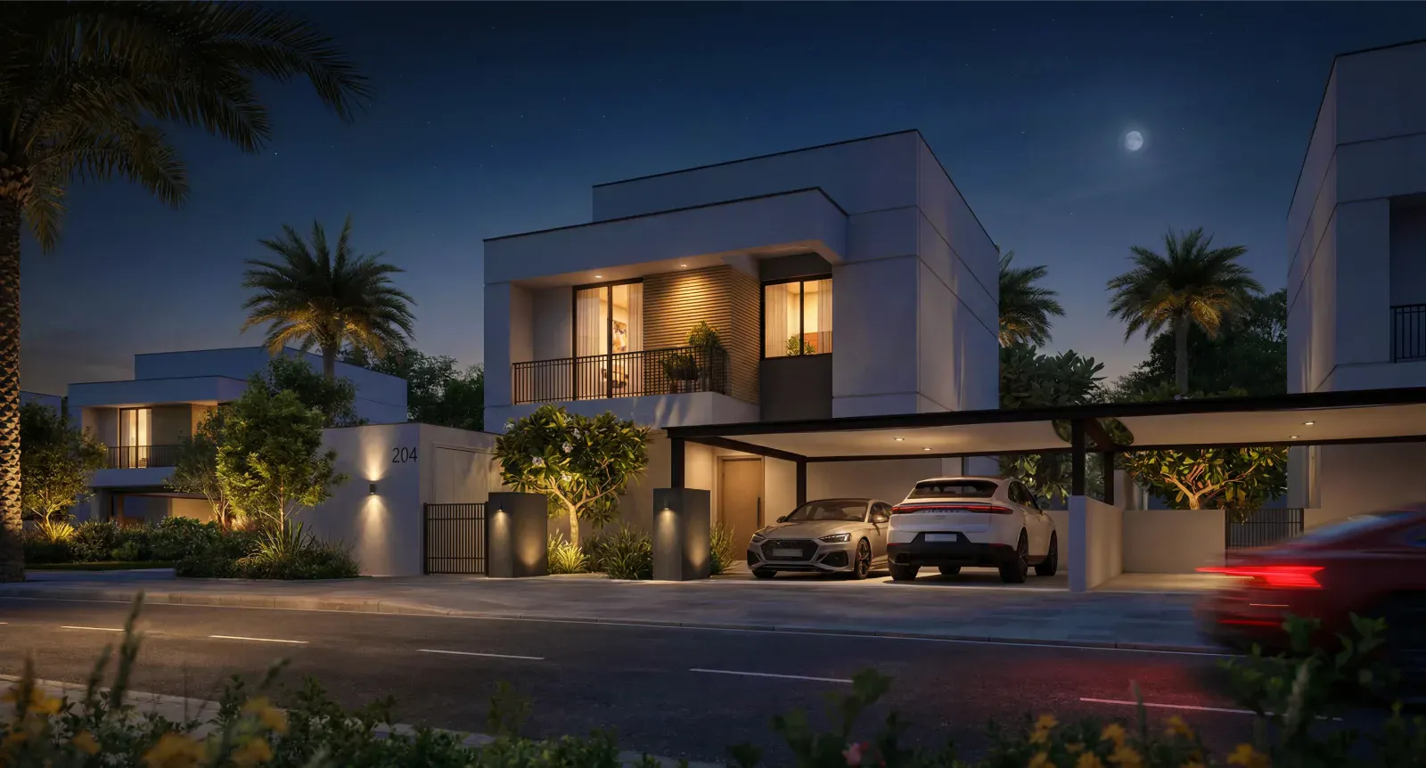 Al Ghadeer Abu Dhabi, Al Ghadeer Gardens villa by Aldar at dusk