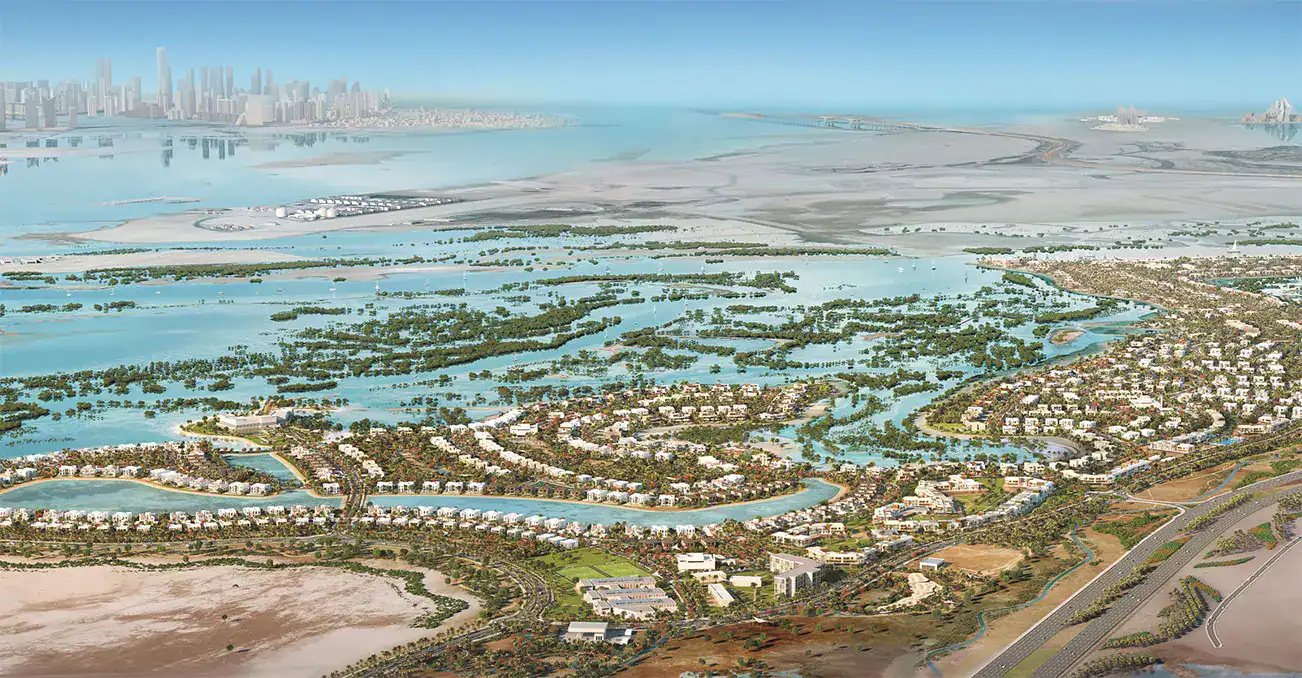 Al Jubail Island Abu Dhabi, aerial of villa villages among the mangroves