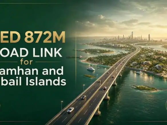 Green and gold poster reading AED 872M Road Link for Ramhan and Jubail Islands, showing a bridge leading to island communities