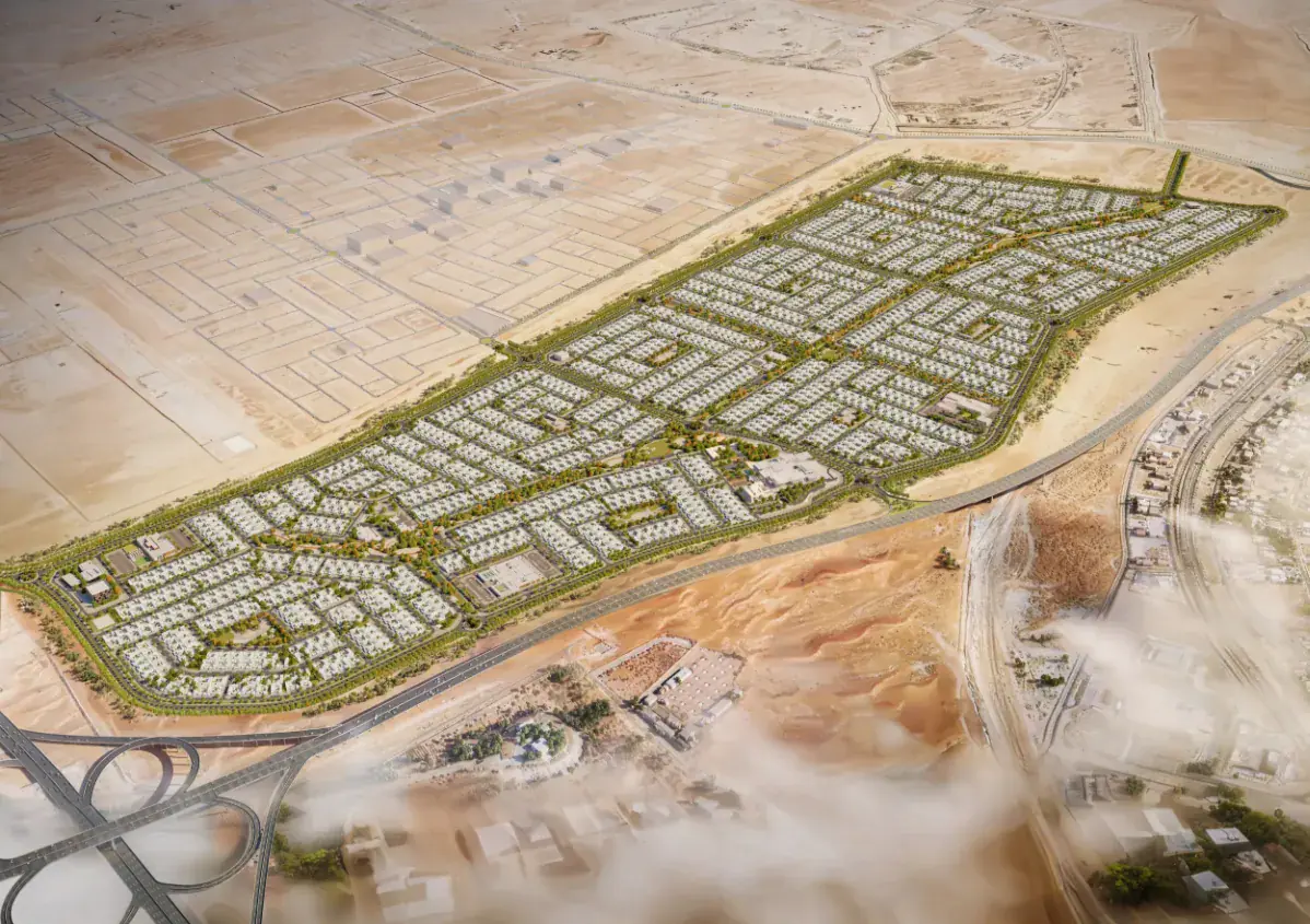 Aerial render of the Al Metlaa villa community by Bloom Holding in Al Ain