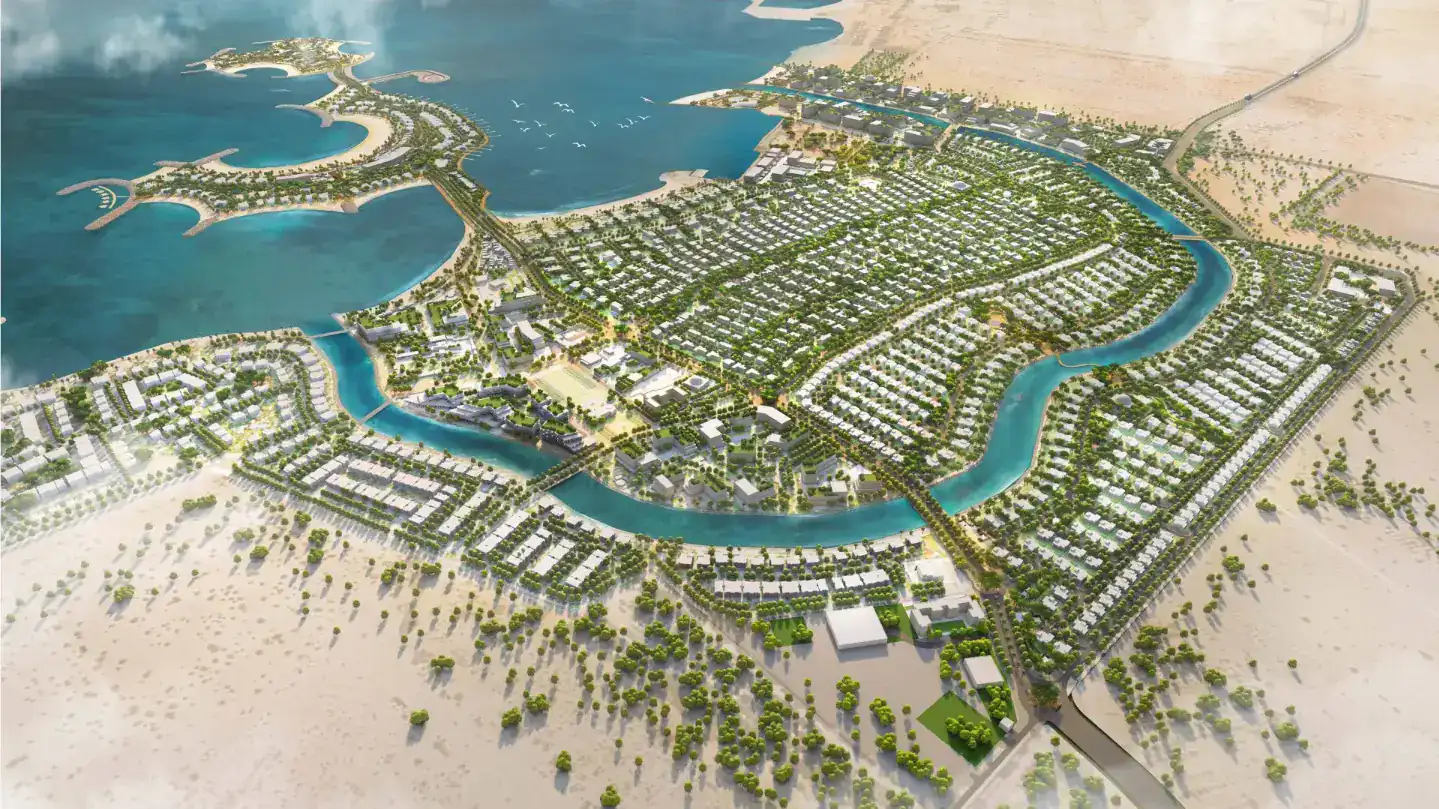 Aerial render of the AlJurf masterplan by IMKAN on the Ghantoot coast, Abu Dhabi