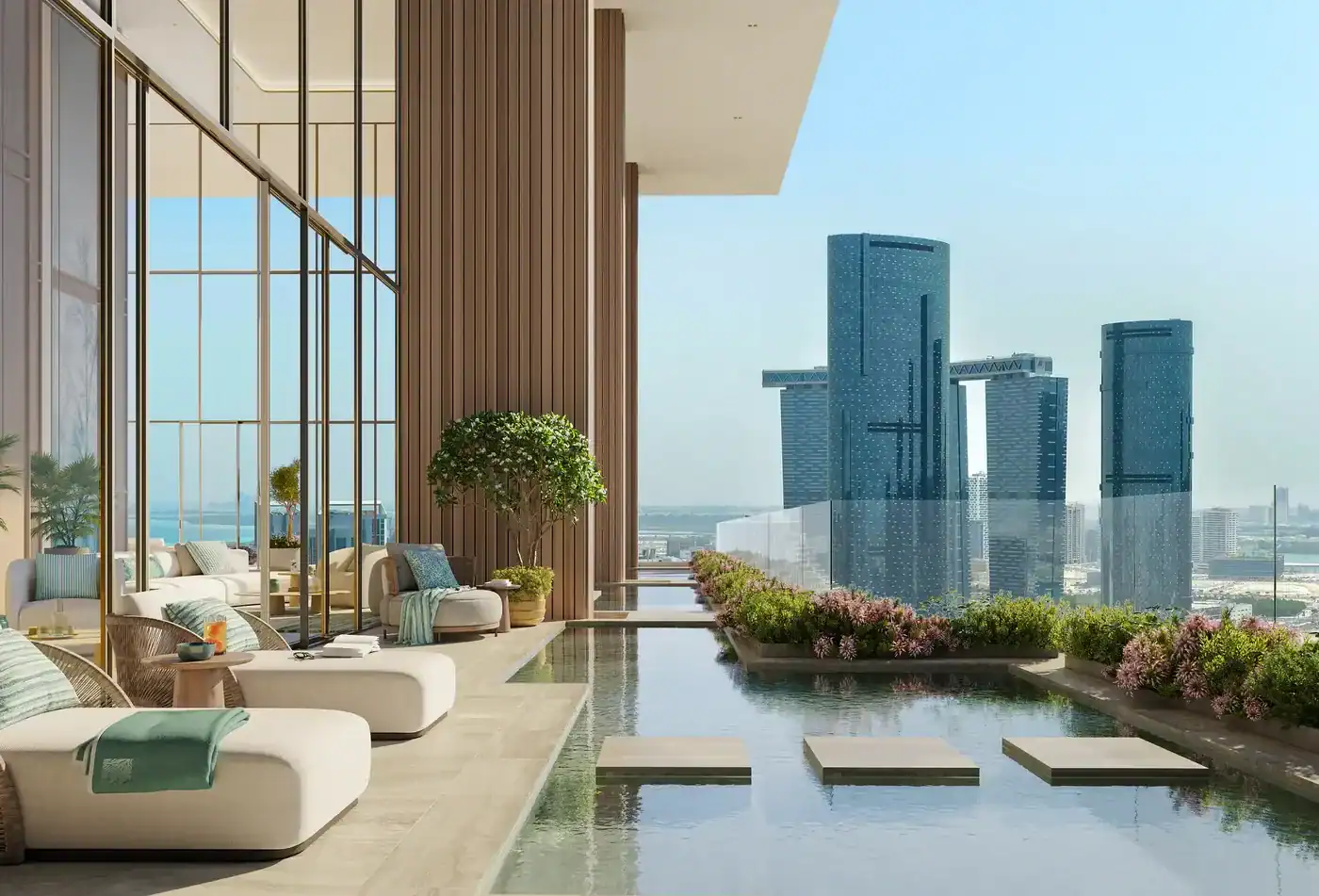 Lounge with floor-to-ceiling glazing and Al Reem Island views, Bab Al Qasr Beach Resort Residence 77