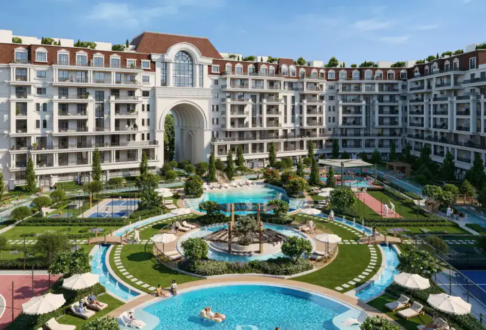 Courtyard pools at Bab Al Qasr Garden Residence 65 by Burtville, Masdar City
