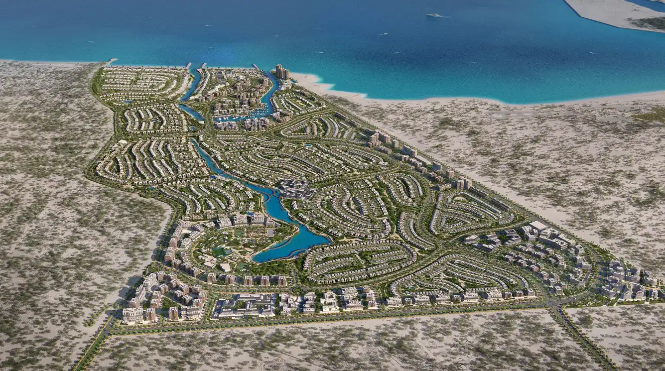Aerial masterplan render of BAYN by ORA with lagoons, marina and villa clusters in Ghantoot