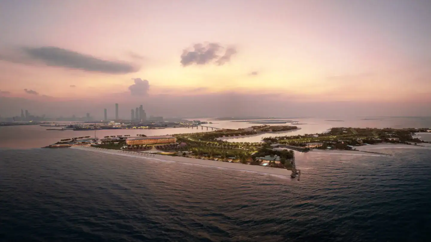 Aerial render of the Bvlgari Resort & Mansions Abu Dhabi island at sunset