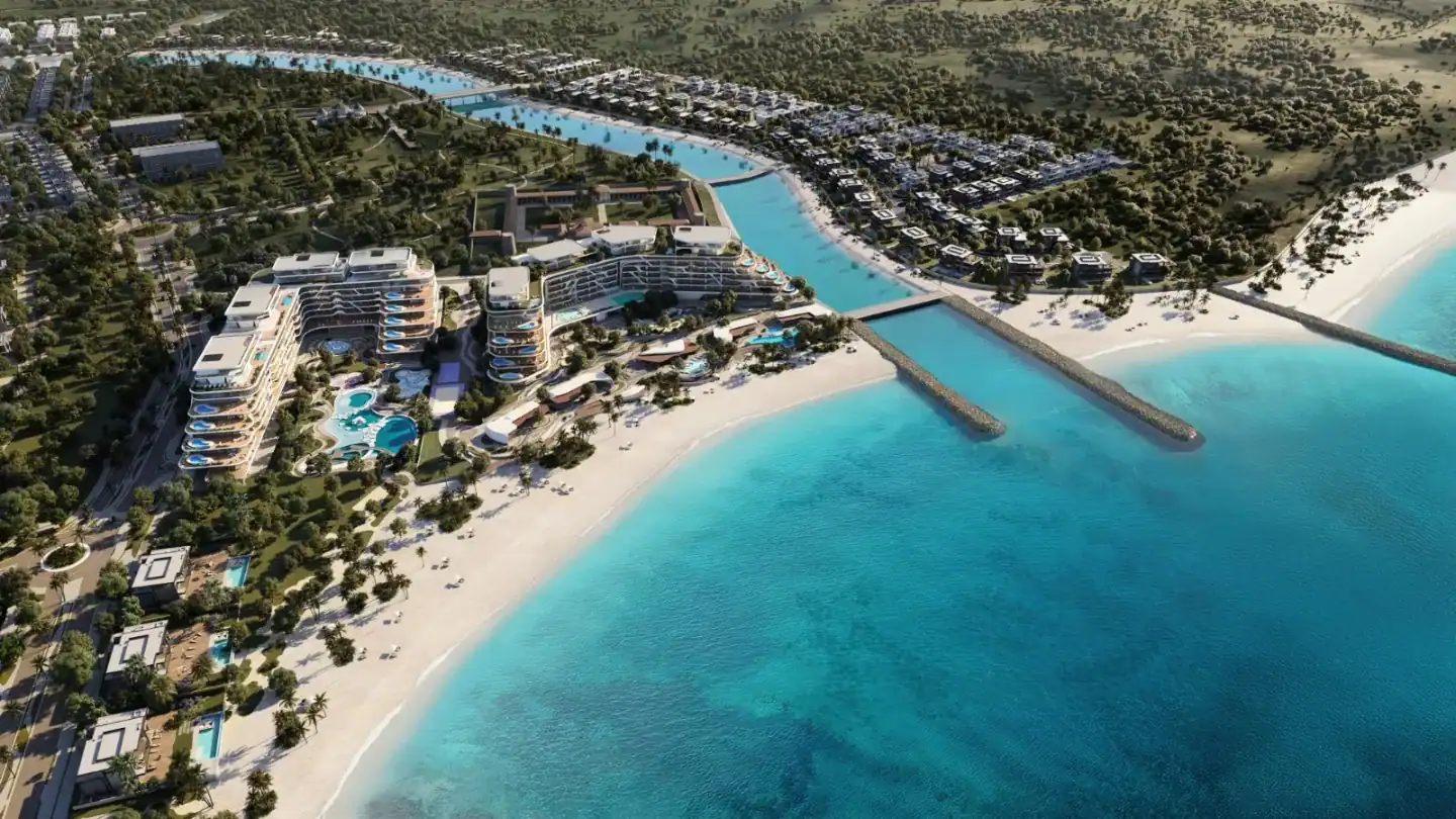 Aerial render of Jacob & Co. Beachfront Living by Ohana on the Al Jurf coast