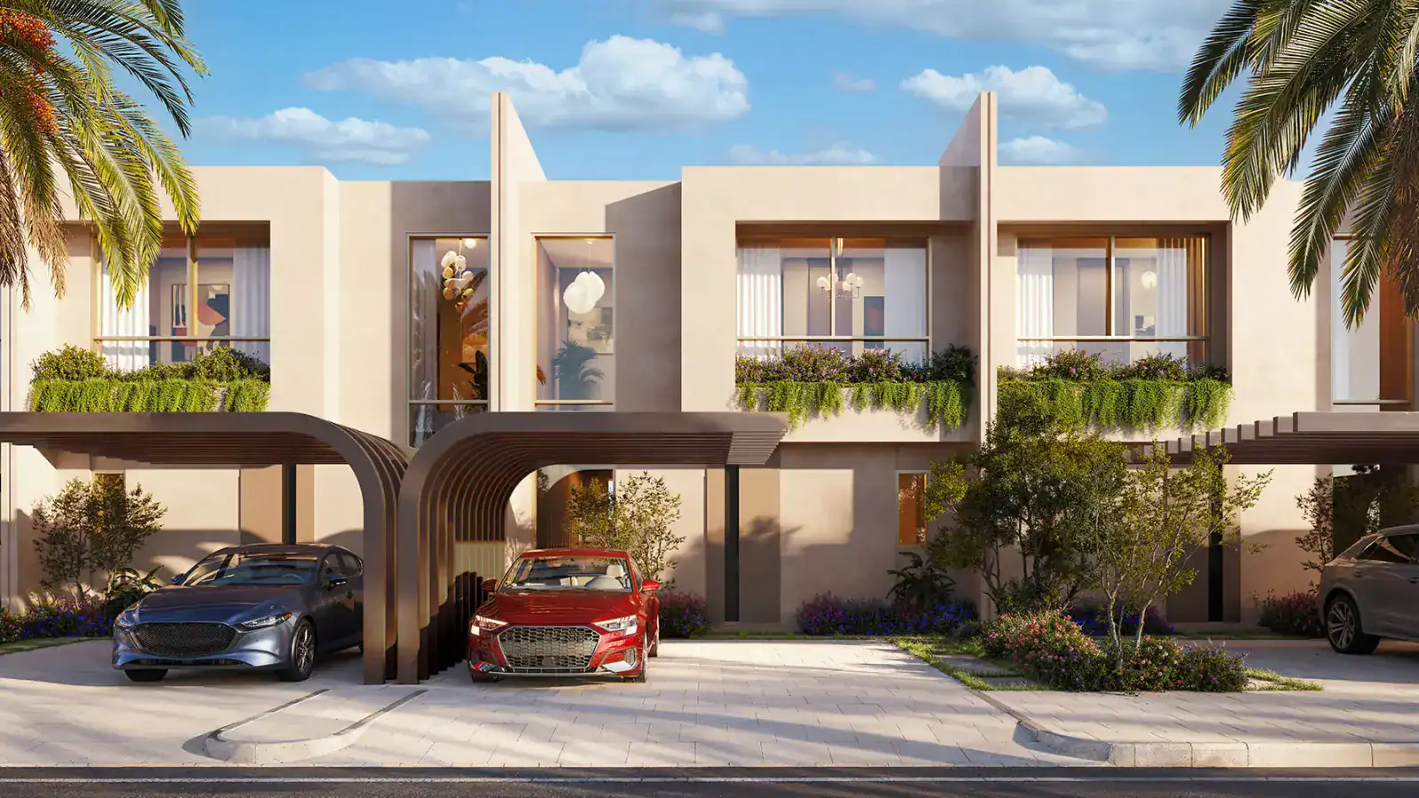 Front exterior render of 2-bedroom townhouses at Manchester City Yas Residences