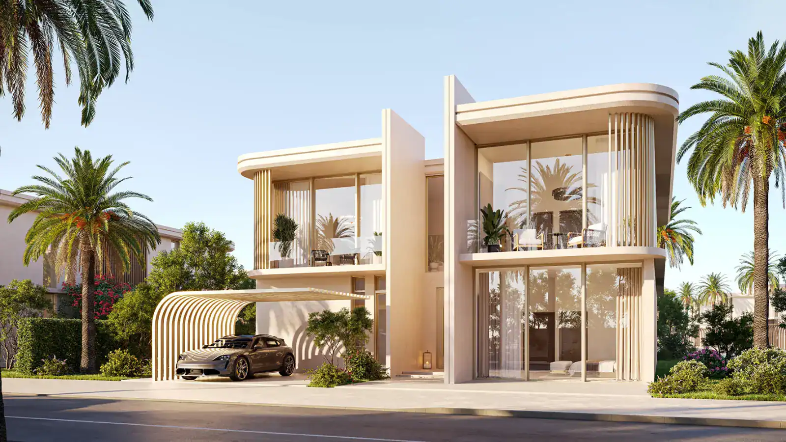 Exterior render of a 5-bedroom villa at Manchester City Yas Residences, Yas Island