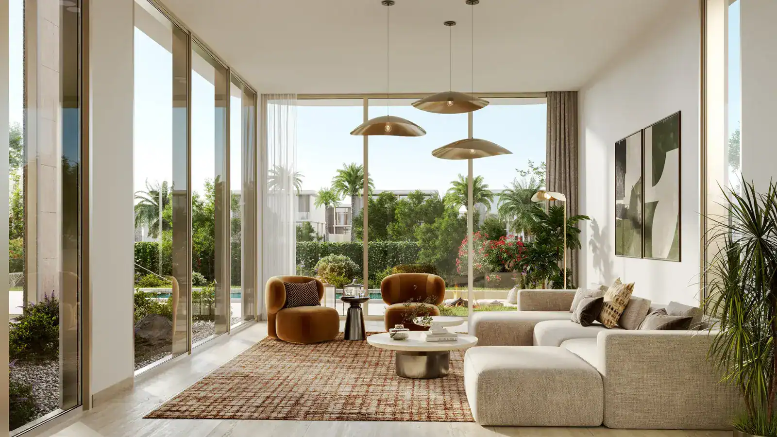 Family living area with garden views in a 5-bedroom villa, Manchester City Yas Residences