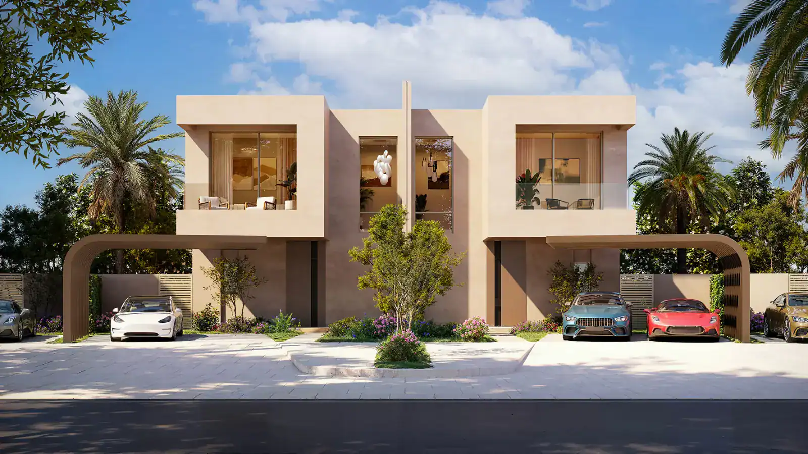 Front exterior render of duplex homes at Manchester City Yas Residences, Yas Canal
