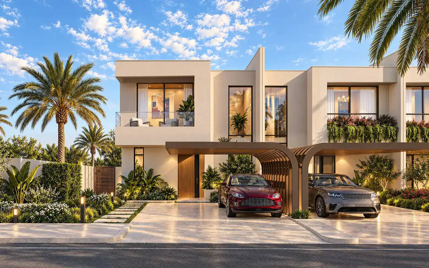 Row of contemporary townhouses with landscaped frontage at Manchester City Yas Residences