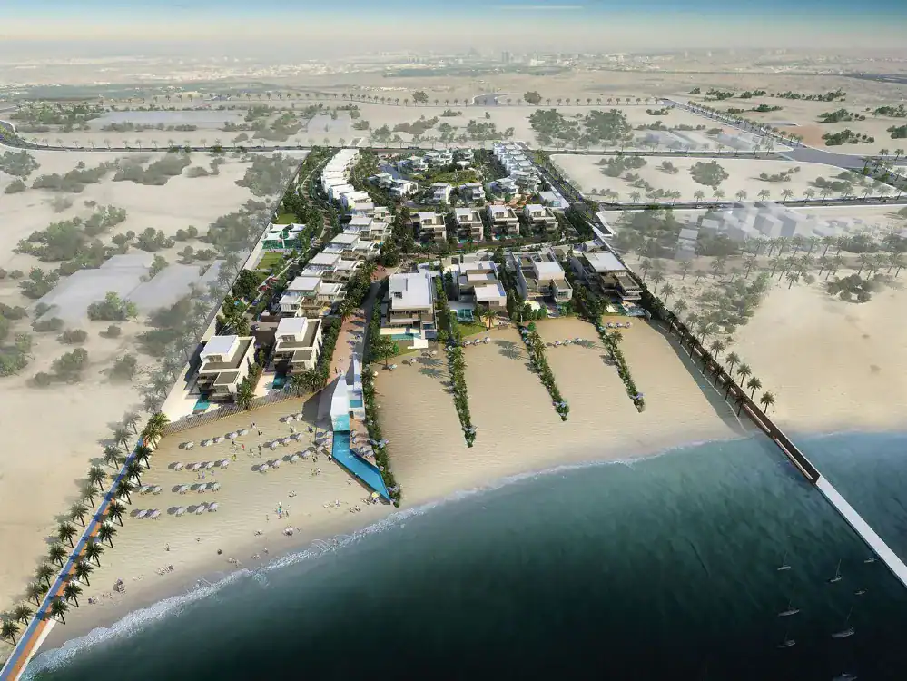 Aerial render of Nudra beachfront villas by IMKAN on Saadiyat Island