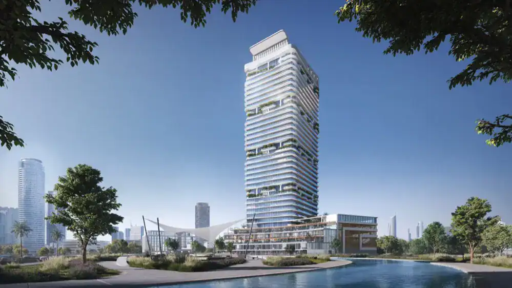 Radiant Elite Tower rising above parkland on Al Reem Island