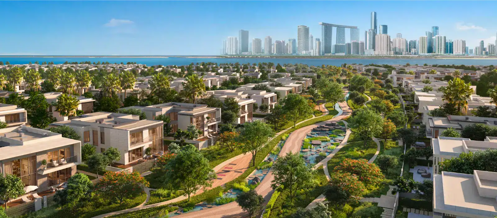 Aerial render of Talay villas and the landscaped green spine at Marsa Al Saadiyat, Saadiyat Island