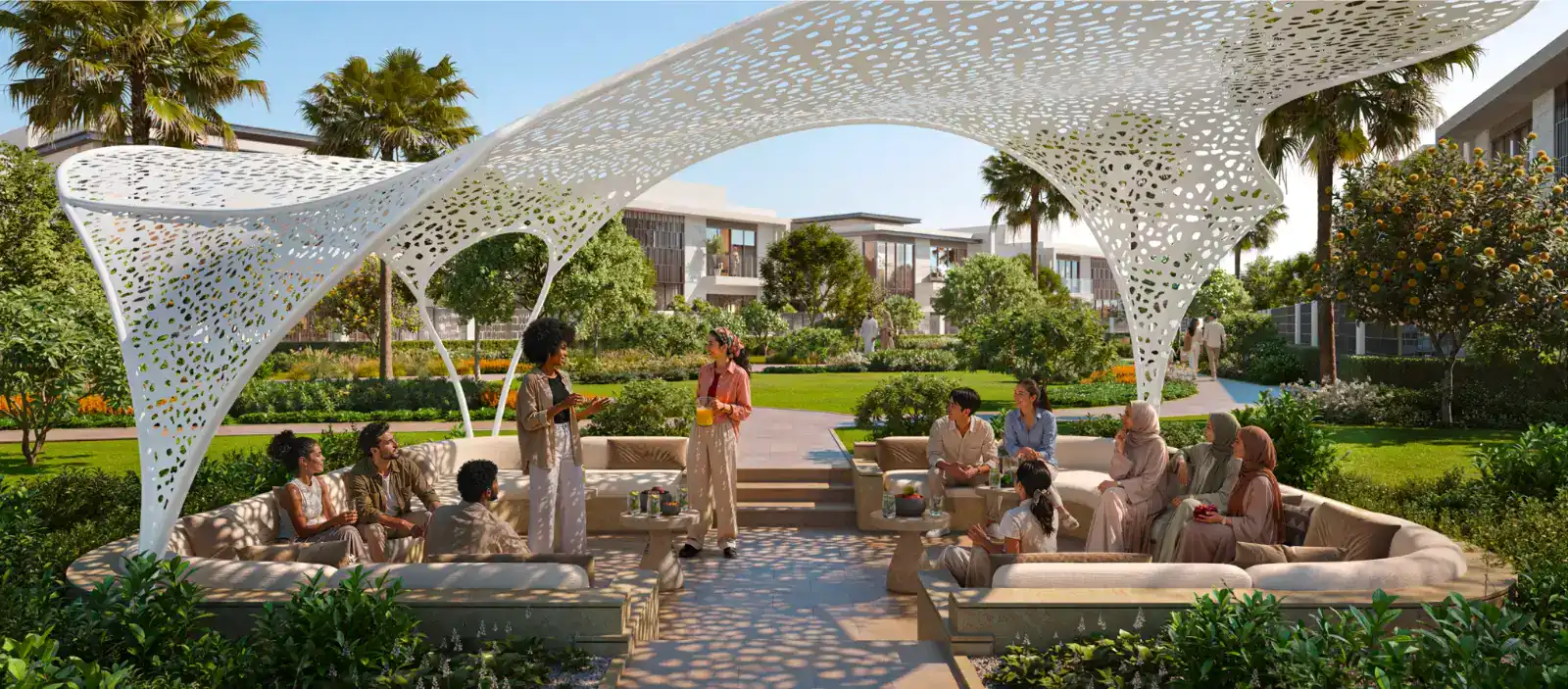 Outdoor majlis pavilion in the Talay community gardens, Marsa Al Saadiyat