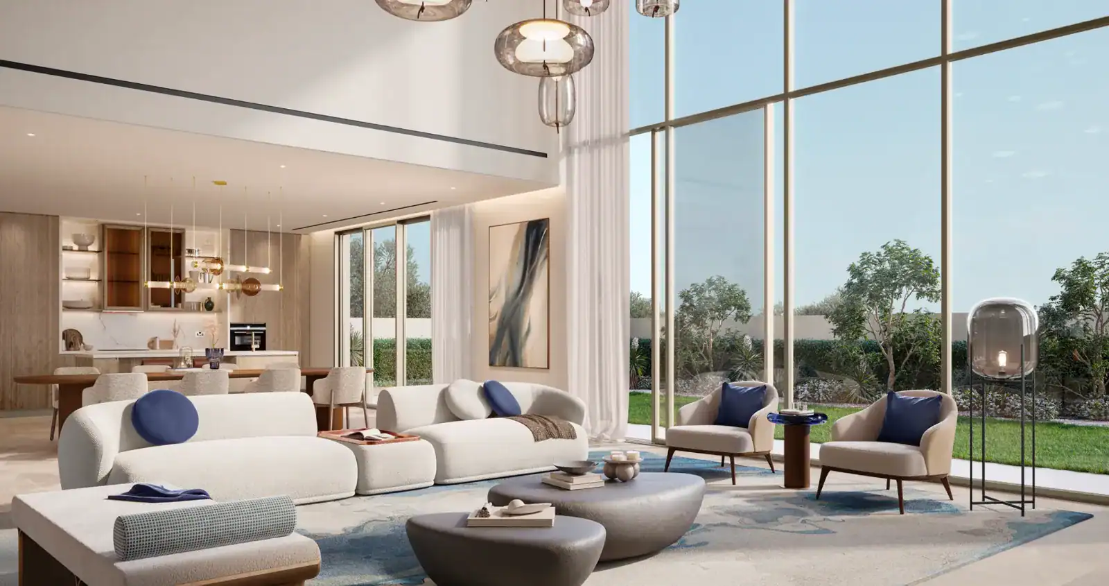 Double-height living room inside a Talay villa, Marsa Al Saadiyat