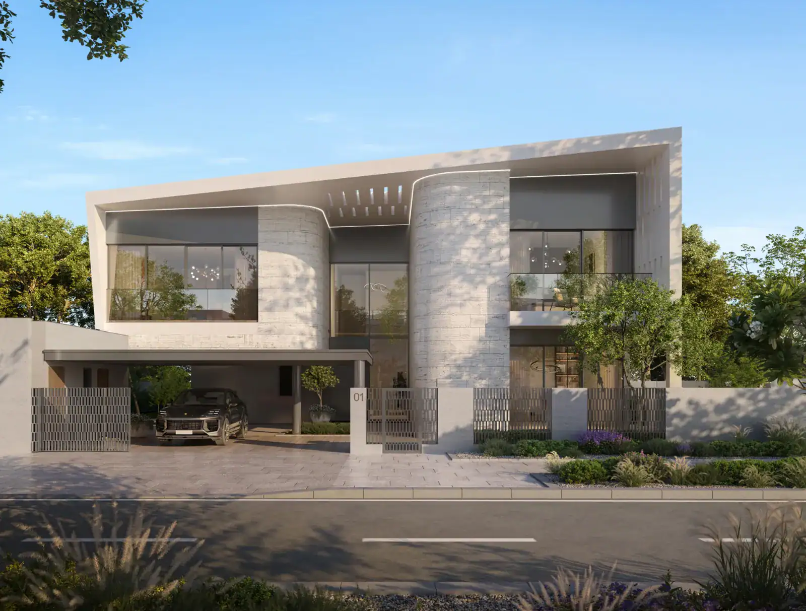 Street view of a Talay villa with louvre screen details, Marsa Al Saadiyat