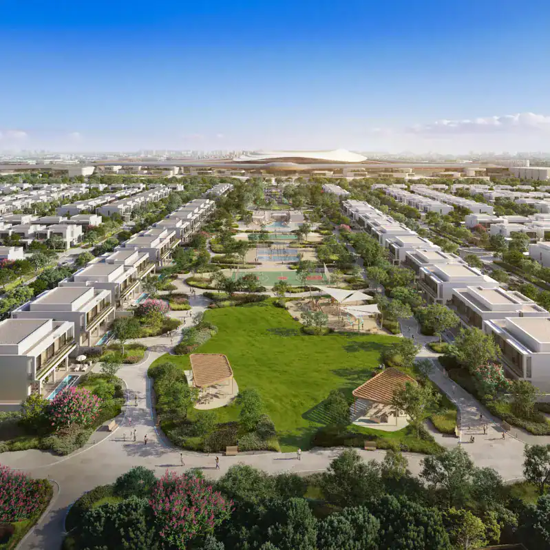 Aerial render of villas and central park at Wadeem Gardens, Hudayriyat Island